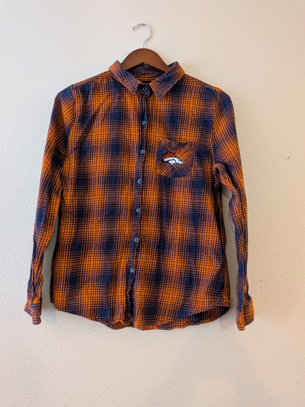 NFL Orange and Navy Plaid Button-Down Shirt